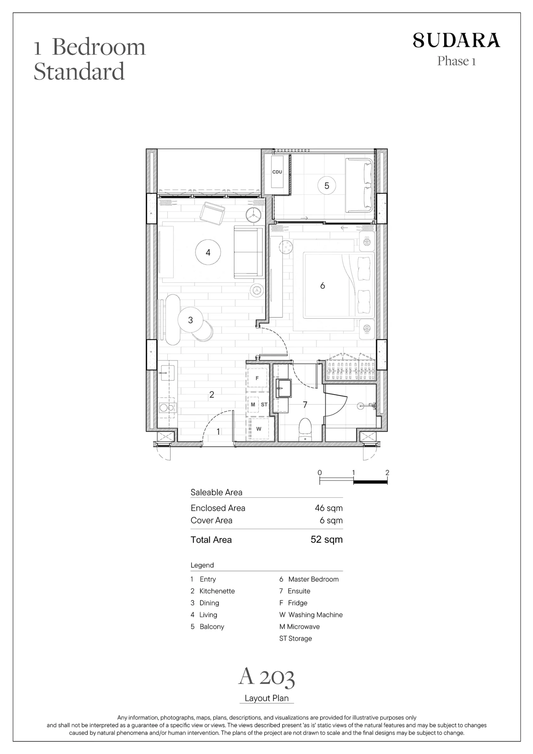 Sudara A203 standard one-bedroom residence floor plan