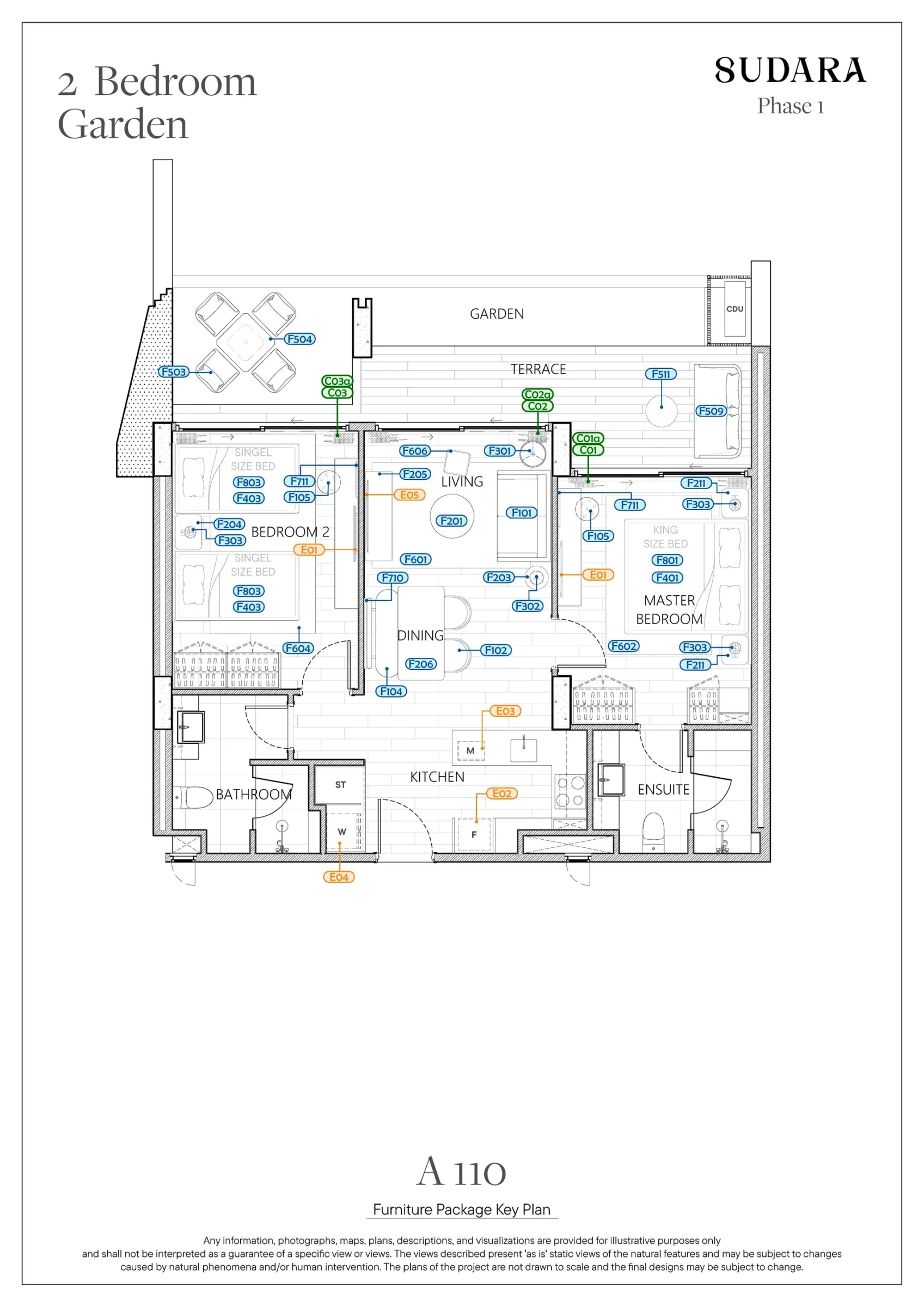 Sudara A110 two-bedroom garden residence floor plan