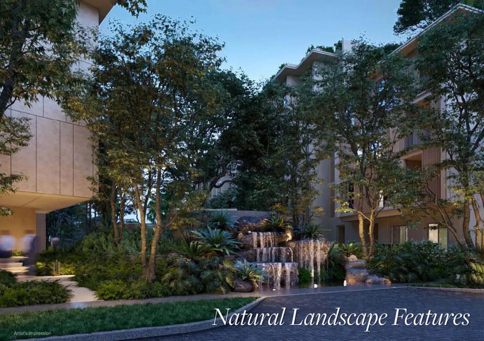 Tropical planting and landscaped water feature at Sudara, architectural rendering