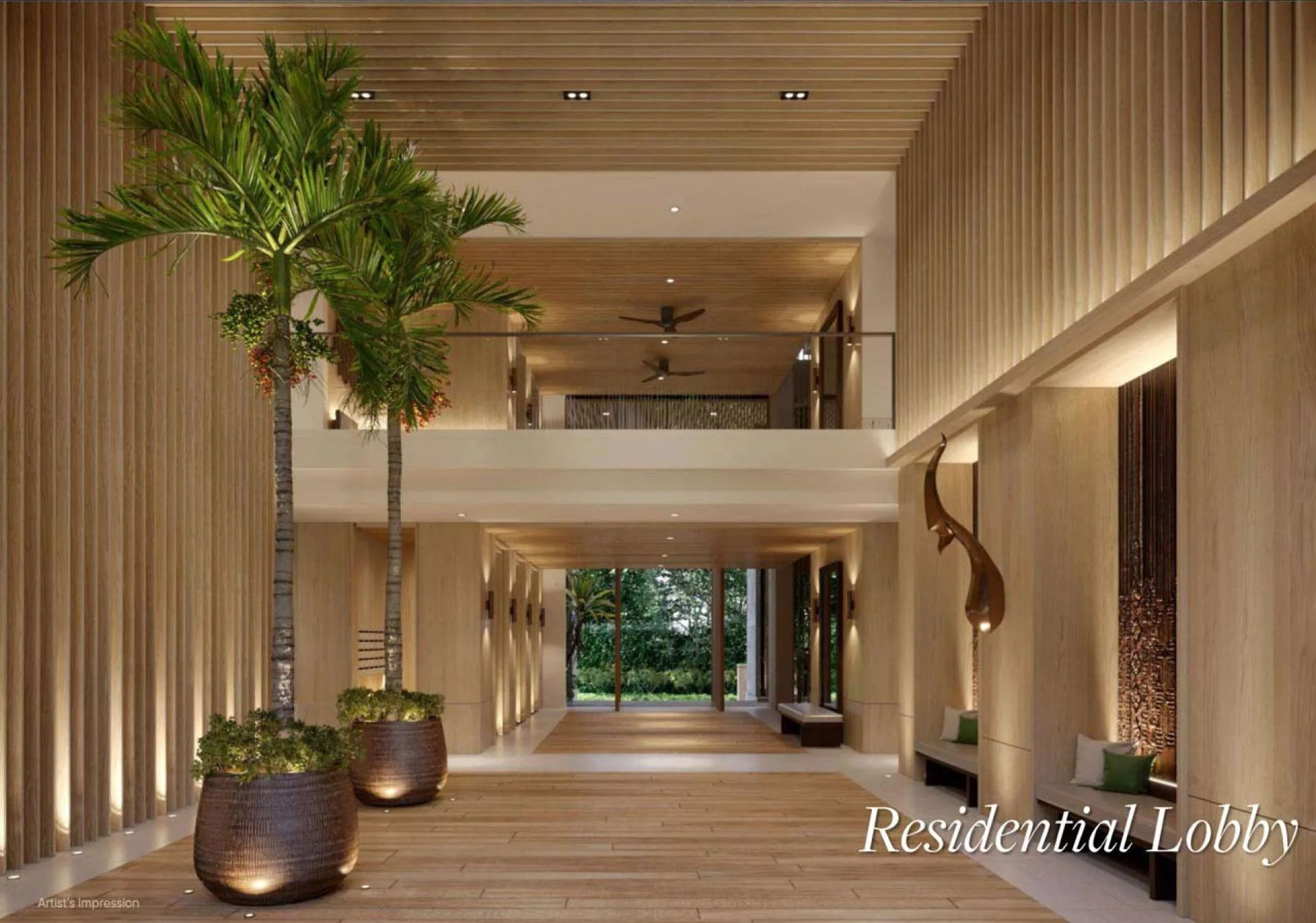 Sudara residential lobby with double-height glazing, architectural rendering