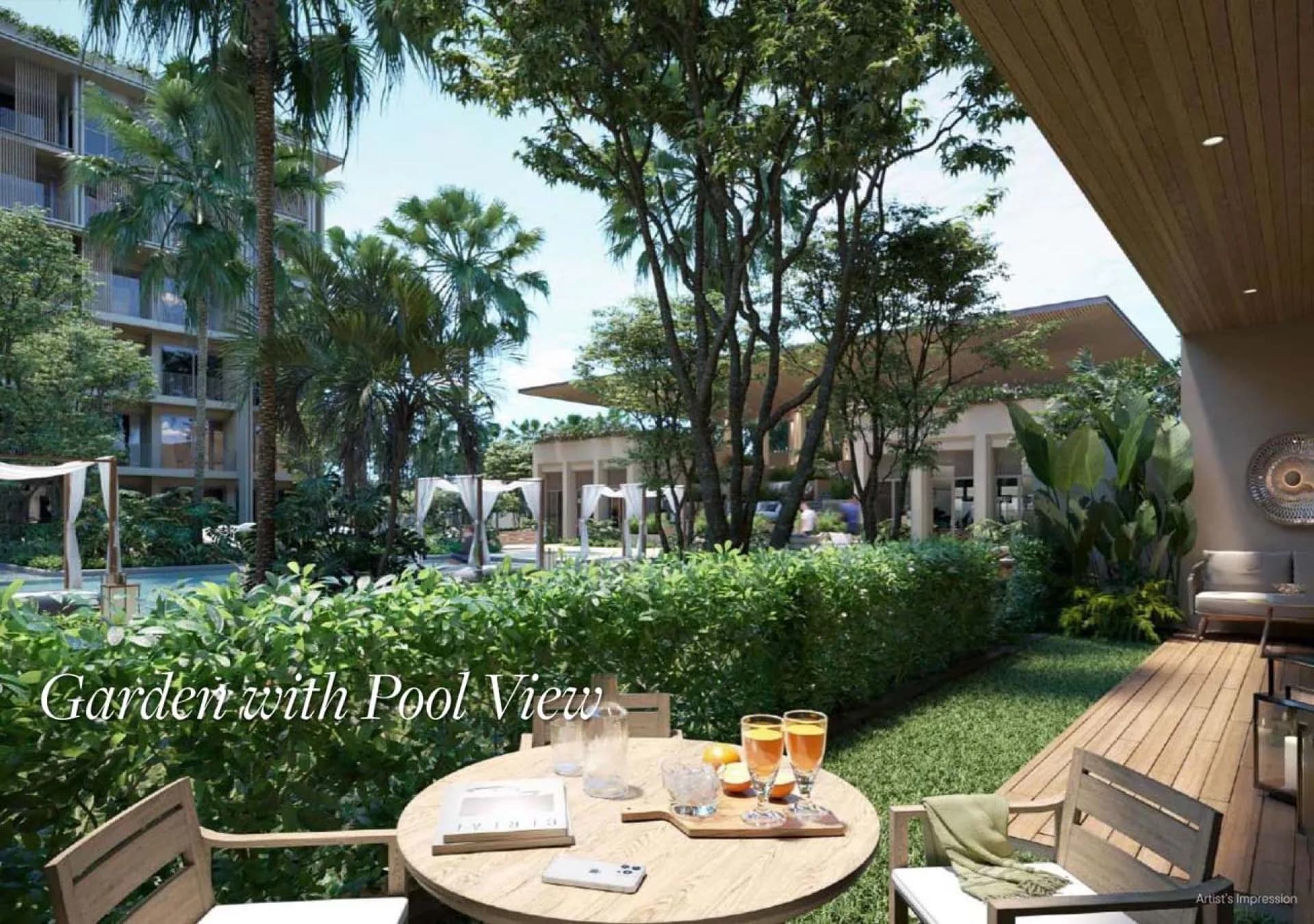 Garden terrace overlooking the pool in a Sudara residence layout, architectural rendering