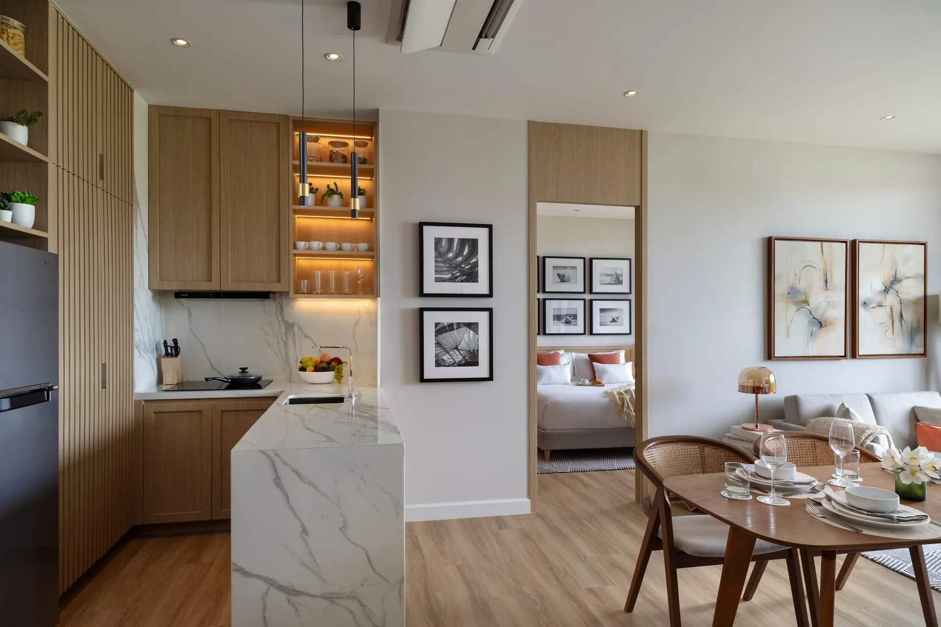 Kitchen and dining area in the Sudara show residence