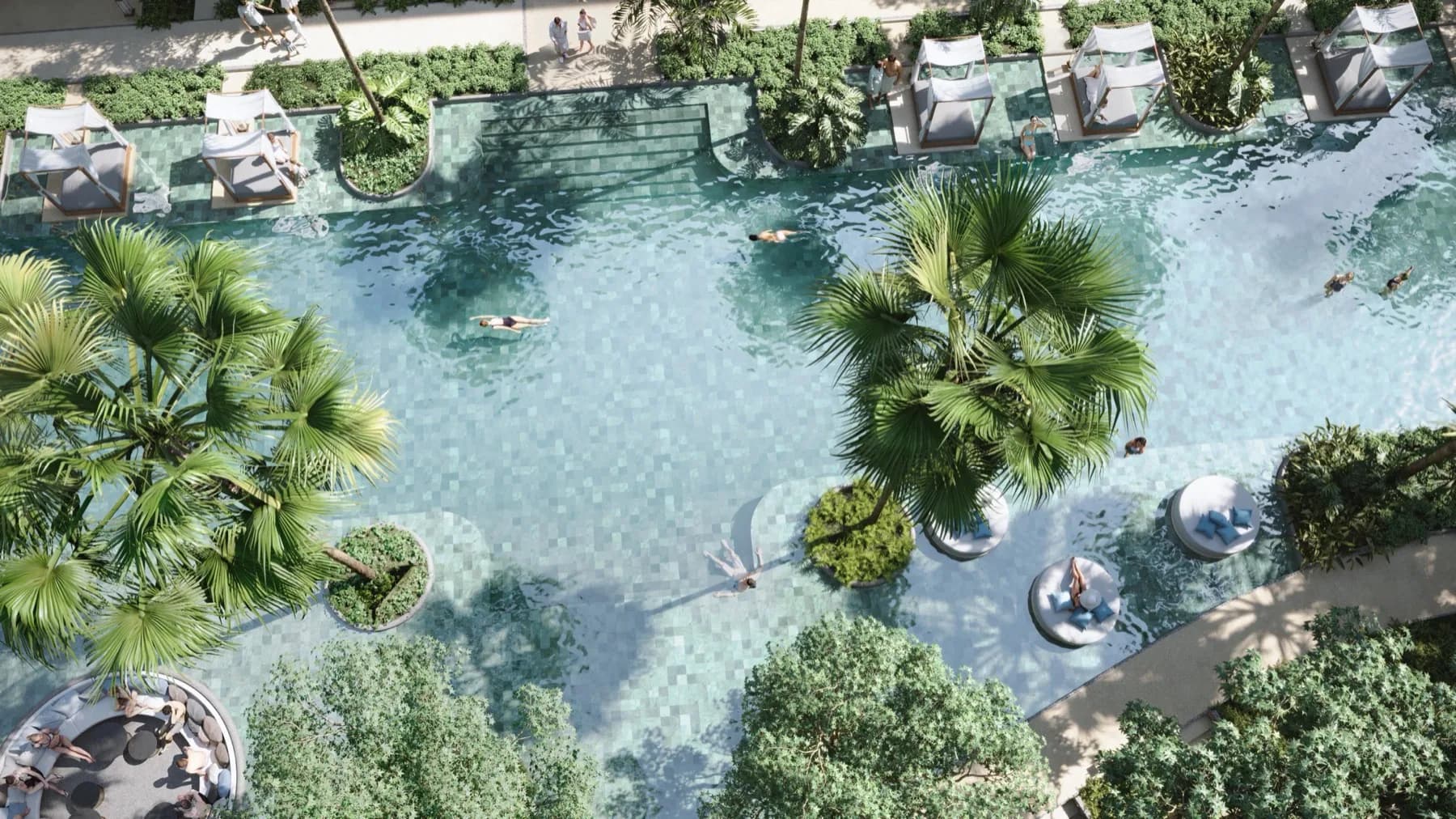 Aerial view of the Sudara swimming pool and surrounding sun terraces, architectural rendering