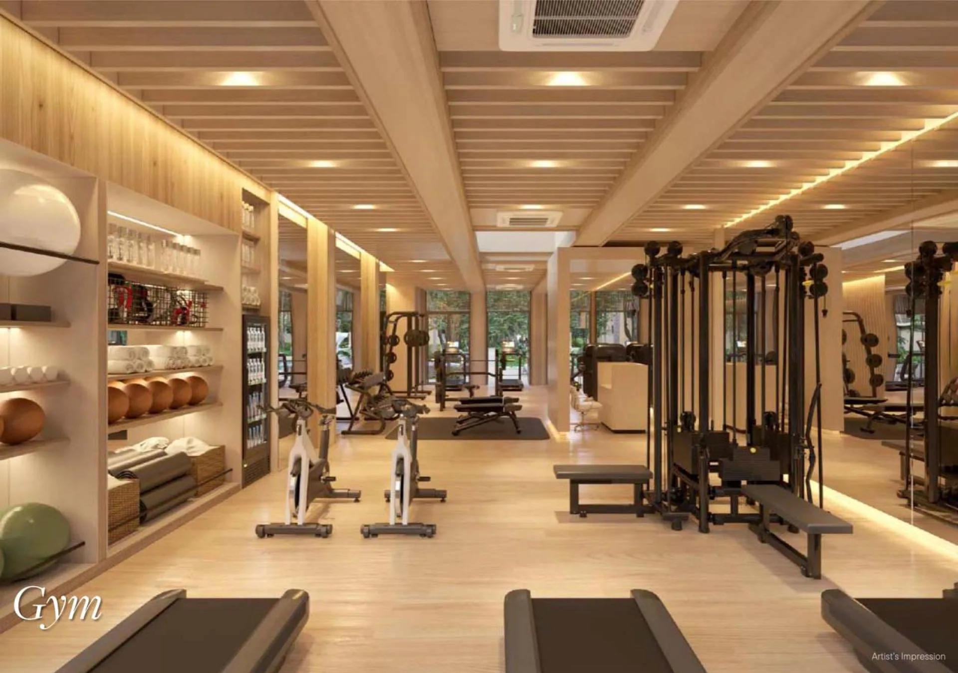 Sudara gym with fitness equipment and garden views, architectural rendering