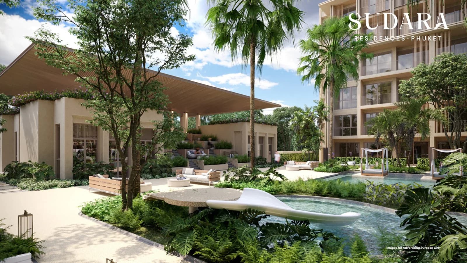 Landscaped poolside garden at Sudara Residences, architectural rendering
